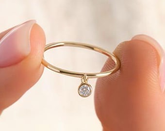 Dainty Gold Charm Ring, Round Moissanite Ring, Bezel Set Solitaire Ring, Minimalist Stackable Ring, Delicate Gold Band, Gift For Her