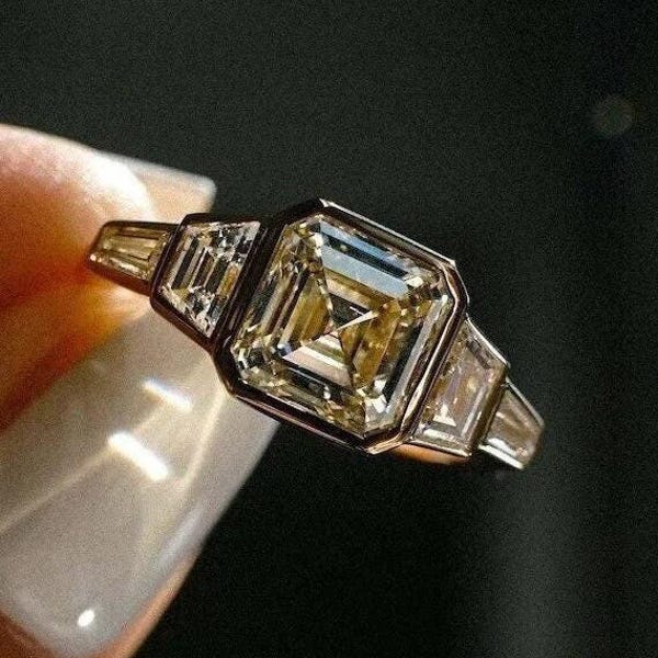 Asscher Cut Five Stone Engagement Ring, 1.75CT Asscher Moissanite Ring, Bezel Set Engagement Ring, Anniversary Gifts for Her