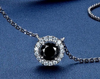 Black Onyx CZ Diamond Halo Necklace, Round Black Stone Pendant, Minimalist 925 Silver Necklace, Anniversary Gift for Her, Gemstone Pendant.