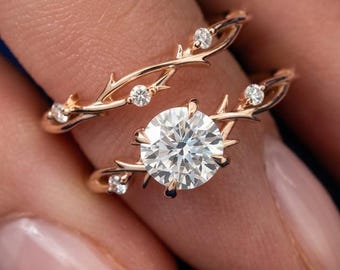 Nature Inspired Twig Engagement Ring Set, Rose Gold Moissanite Leaf Vine Wedding Ring, Unique Curved Stacking Ring, Anniversary Gifts