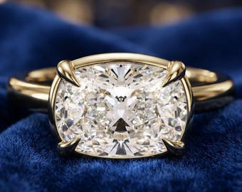 Elongated Cushion Cut Solitaire Ring, Bezel & Prong Set Diamond Ring, East West Cushion Engagement Ring, Bridal Jewelry