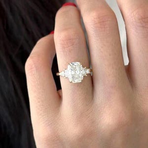 3.30 Carat Elongated Cushion Five Stone Ring, VVS Moissanite Diamond Ring, Yellow Gold Engagement Ring, Round & Baguette Cut Side Stone Ring
