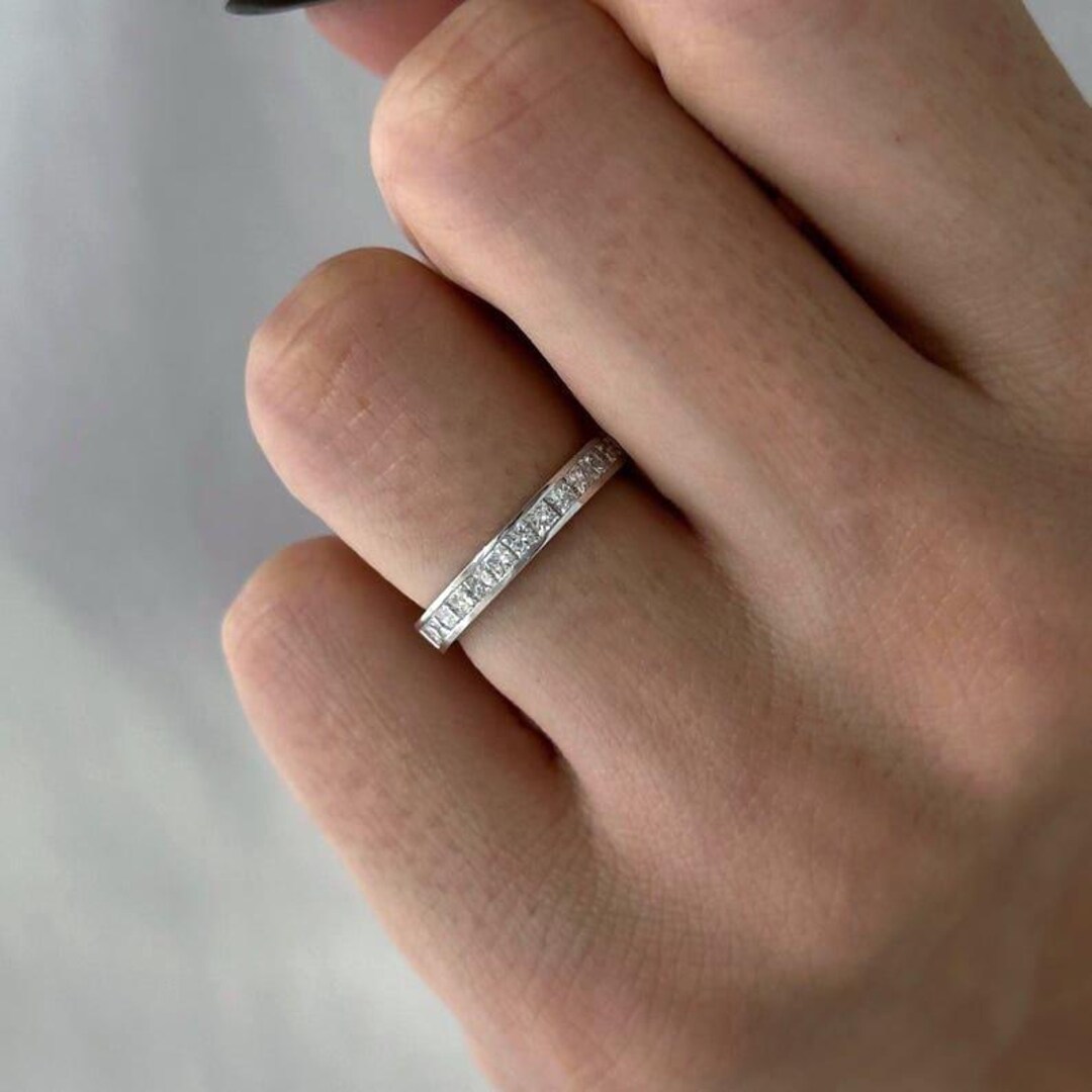 14K Gold Princess Cut Moissanite Wedding Band, Half Eternity Band ...
