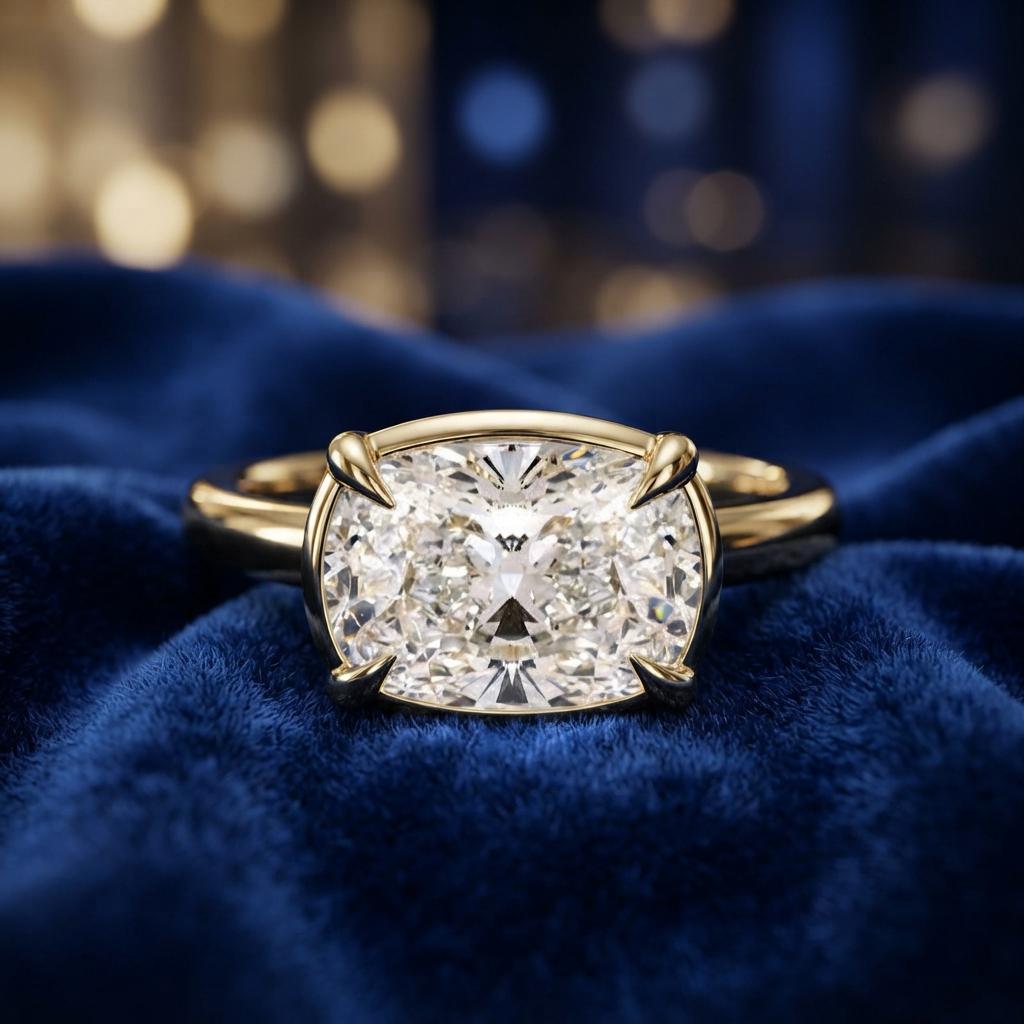 14k Gold Elongated Cushion Cut Solitaire Ring, Bezel & Prong Set…