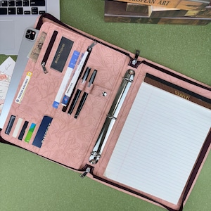 Embossed Pink Leather Business Portfolio, 3-Ring Binder Leather Padfolio, Zippered Portfolio, A4 Notepad Cover, Anniversary Gifts
