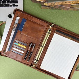 Personalized Vintage Leather Portfolio, 3 Ring Binder Leather Portfolio, Office Padfolio with Handle, Custom Business Gift, Graduation Gift