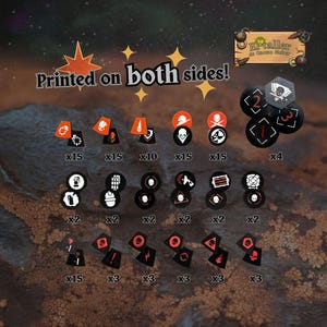 Può includere: Una collezione di gettoni di gioco con vari disegni, tra cui teschi, frecce e forme geometriche. I gettoni sono neri, arancioni e bianchi, con il testo "Printed on both sides!" e "El taller de Gaomo Malker".