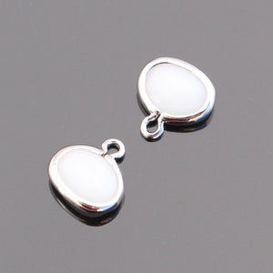 Jewelry Supplies, Silver Small Oval Glass Drop Pendant, White framed Glass Stone charm, 2 pc, PE6703