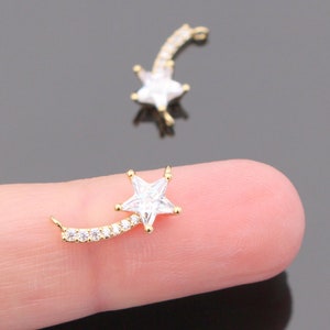 Gold  Small Shooting Star Charm, Lucky CZ crystal Star Pendant, Connectors, Earring and Necklace Findings, 2 pc, PR84642