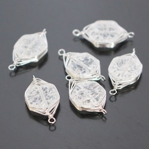 Jewelry Supplies, Silver Clear Cracked Crystal Glass Pendant,  Clear White wired Stone, Clear bead, 2pc, G8153W