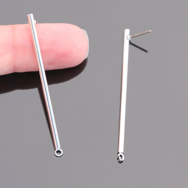 Shiny Silver Long Skinny Bar pendant Earrings, Bar Stud Sleek connector Earrings, charm, 2 pc, S923503