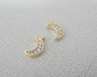 Moon Pendant, Small gold Crystal Crescent Moon Pendant, Tiny Moon Charm,  Jewelry Findings, 2 pc, PR60587