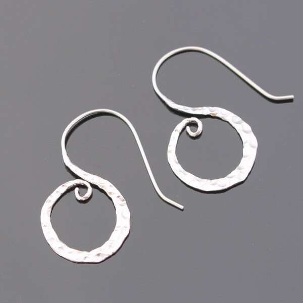 Matte Silver Dangle Hammered Spiral Circle Sterling Silver Earrings post, K13658