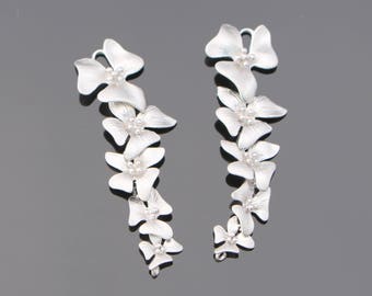 Wholesale Supplies Silver Orchid Flower Star Long Connector, Earring Findings, setting, connector, pendants 2 pc D69701