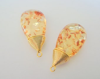 Jewelry Supplies Matte Gold Plated Imitation Amber Crystal Glass Pendant, Amber Drop, Stone, Bead, 2 pc, LJ536014