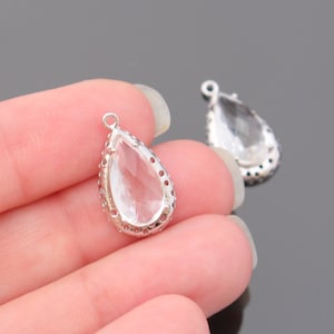 Jewelry Supplies Silver Matte Rhodium Plated Glass Stone Drop Connector Clear Crystal, 2 pc, KB10912