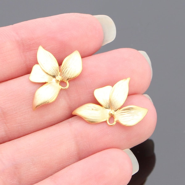 Earrings Supplies, Matte Gold Single Orchid Flower Posts, Earring Findings, Earrings setting, Earring connector, pendants 2 pc, KT72643