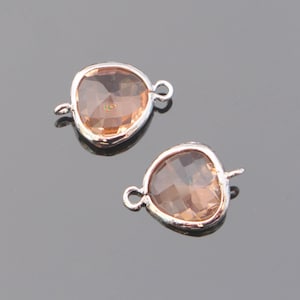 Jewelry Supplies Rhodium Plated Silver Horizontal Glass Pendant Peach Connector, Light Pink Plated Stone Connector, Framed Glass, 2 pc