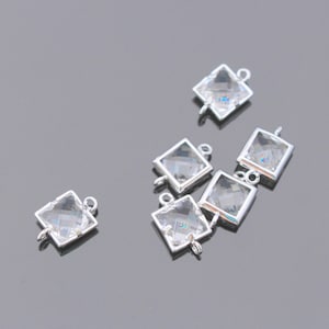 Jewelry Supplies, Silver small square Glass Drop link connector, Small framed Glass Stone charm, 9 mm, 2 pc
