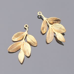 Matte Gold Tarnish Resistant  Tree Branch with leaves pendants, connectors, 2 pc, U214705