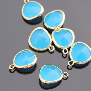 Jewelry Supplies, Gold Framed Sky Blue Stone Glass Pendant, Earring Making Bead Charm, 12.5 mm, 2 pc