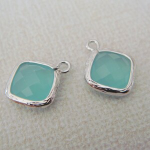 Jewelry Supplies, Silver plated Square Glass Drop Pendant, Mint opal framed Glass Stone charm, 2 pc, PD5697