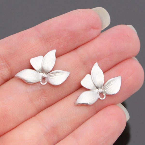 Earrings Supplies, Matte Silver Single Orchid Flower Posts, Earring Findings, Earrings setting, Earring connector, pendants 2 pc, KT72643