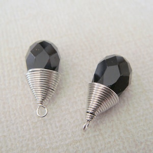 Jewelry Supplies, Silver Black Teardrop Pendant, Onyx black Drop, Pink Stone,  2 pc, PZ7514