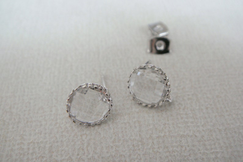 Silver Clear crystal Round Stone Earrings, earrings Findings, Stone Studs, Posts, 2 pc, HY2757 image 1