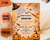 Spooky Pumpkin Halloween Party Invitation: Editable Canva Template (Digital Download, Thank You Tag Included)