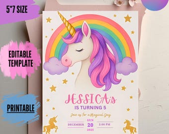 Unicorn 5th Birthday Invitation: Rainbow Girl Party, Pink Invite (Digital Download)