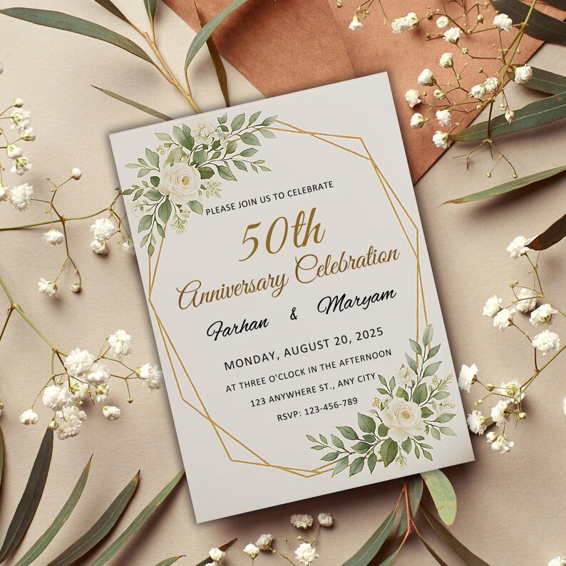 May include: An ivory-colored invitation for a 50th Anniversary Celebration. The invitation features gold geometric lines, floral accents, and the names Farhan & Maryam. The text includes the date, time, and RSVP information.