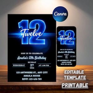 May include: A black invitation with a blue neon "12" and the word "Twelve". The invitation is for Amelia's 12th birthday, with the date, time, and location details. A phone displays the same design.