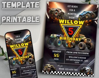Invitación de cumpleaños de Monster Truck para fiesta de chicos, plantilla editable de Canva (descarga digital, 5x7)