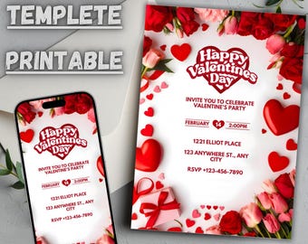 Invitación editable para el Día de la Amistad Femenina: Tarjeta para cena con temática de corazones (Plantilla digital de Canva para descargar)