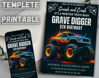 Verjaardagsuitnodiging Monster Truck: bewerkbare canvassjabloon