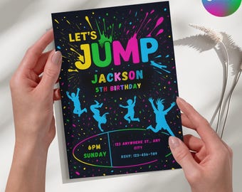 Bewerkbare sjabloon springen verjaardagsuitnodiging trampolinefeest (direct downloaden)