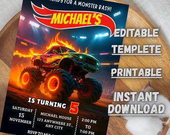 Verjaardagsuitnodiging Monster Truck | Bewerkbare canva-sjabloon (digitale download)