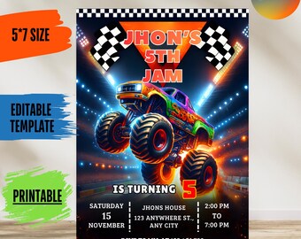 Invitación de cumpleaños de Monster Truck, plantilla editable de Canva (descarga digital) 5x7