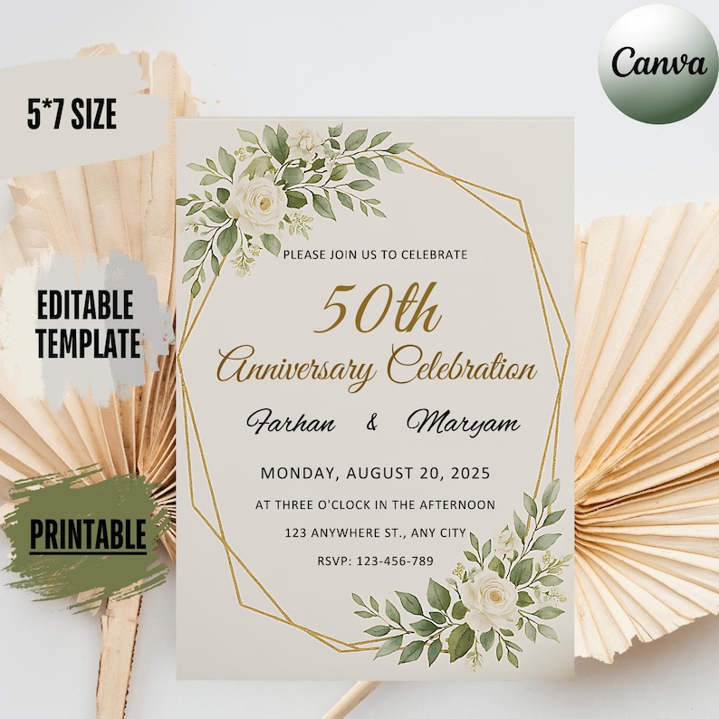 May include: An ivory-colored 5"x7" printable anniversary celebration invitation. The design features floral accents, a gold geometric frame, and the text "50th Anniversary Celebration" with the names Farhan & Maryam, date, time, and RSVP information.