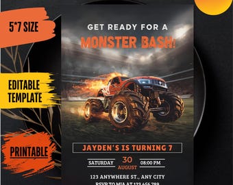 Invitación de cumpleaños con temática de Monster Truck, plantilla editable de Canva (descarga digital)