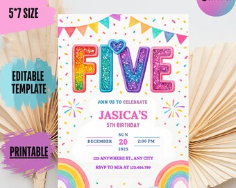 Plantilla editable de invitación de cumpleaños número 5 con lentejuelas arcoíris (archivo PDF)