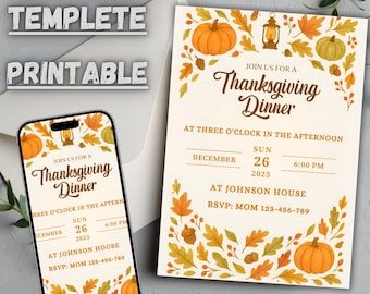 May include: Thanksgiving dinner invitation with orange pumpkins, fall leaves, and a lantern design. The invitation includes the text "Join us for a Thanksgiving Dinner" and event details. A smartphone displays the same invitation.