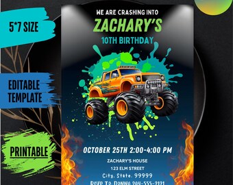 Invitación de cumpleaños de Monster Truck, plantilla editable de Canva (descarga digital de 13 x 18 cm, para móvil e impresión)