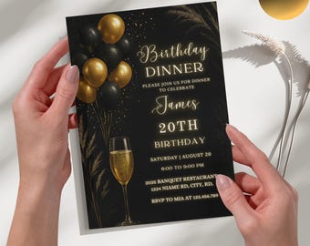 Animated Black Tie Birthday Dinner Invitation: Glam Diamond Evite (Digital Download Canva Template)