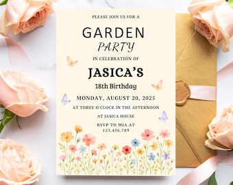 Wildflower Garden Birthday Invitation: Pink Floral, Butterfly (EDITABLE)
