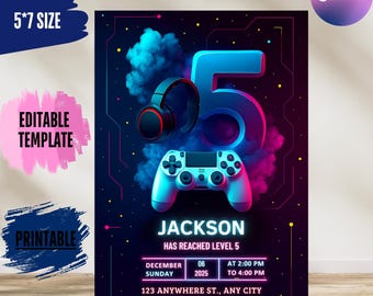 Level Up videogame verjaardagsuitnodiging: neon gamer party (bewerkbare sjabloon)