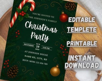 Invitación editable para fiesta de Navidad, imprimible, con diseño de bastón de caramelo, en formato digital Canva (tamaño 5 x 7 pulgadas)