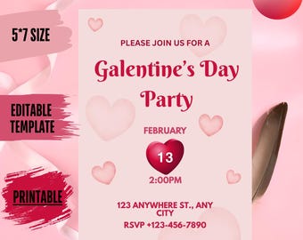 Invitación de Galentine con corazón rosa y lazo (plantilla editable de Canva, descarga digital)