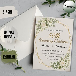 May include: An ivory-colored 5x7 inch anniversary invitation with gold geometric accents and floral details. The invitation includes the text "50th Anniversary Celebration" and event details. The words "Editable Template" and "Printable" are also visible.